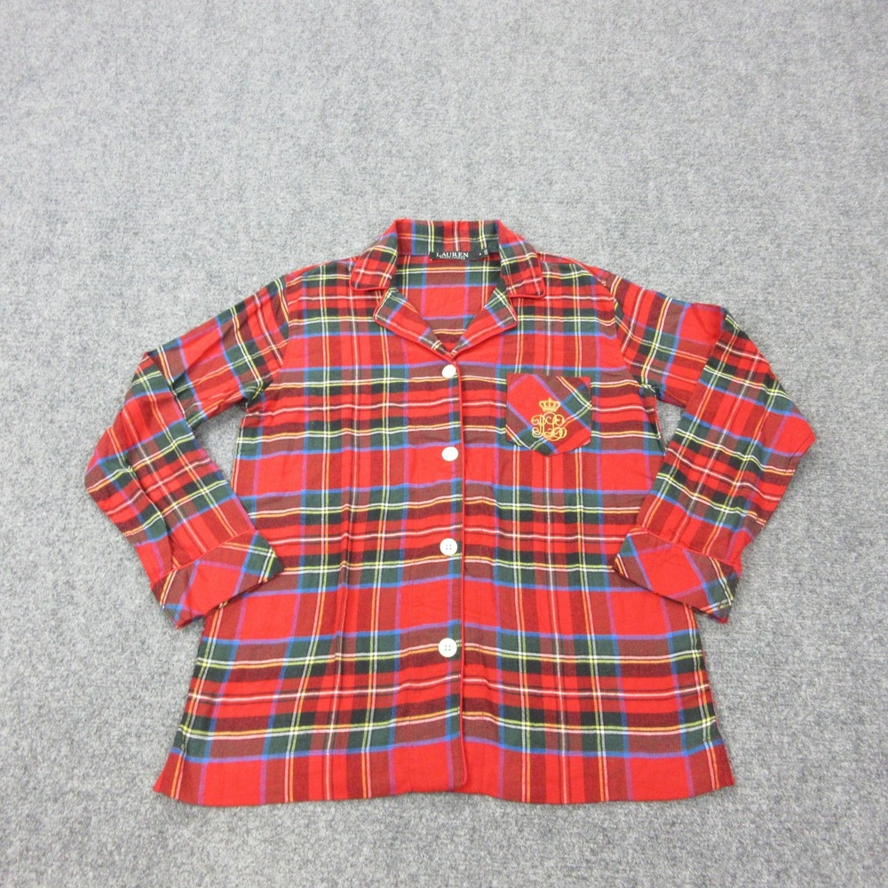 Lauren Ralph Lauren Pajama Shirt Womens Small Red Plaid Flannel Crest Logo